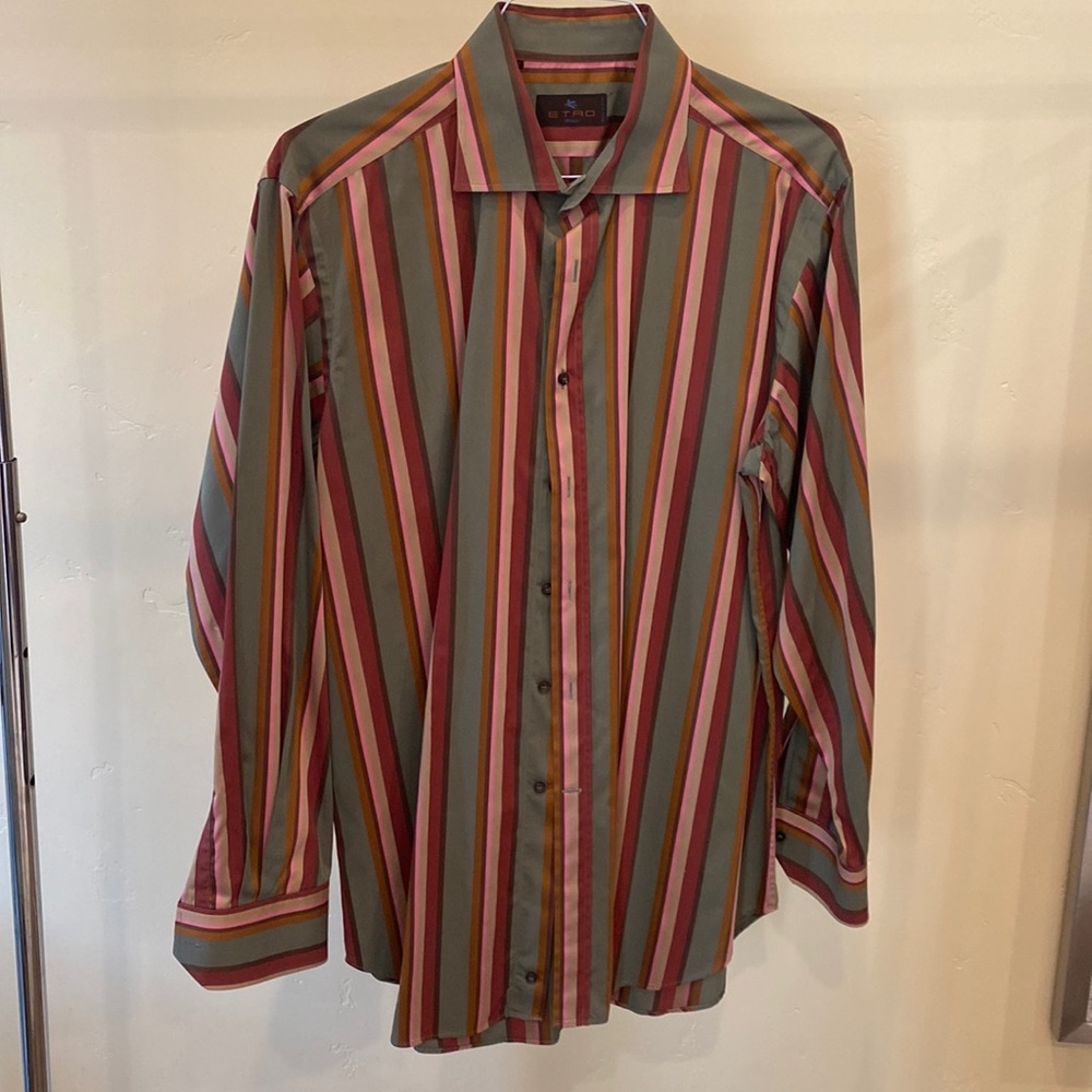 Etro long sleeve button down dress shirt, size 44. Earthy stripe tones.
